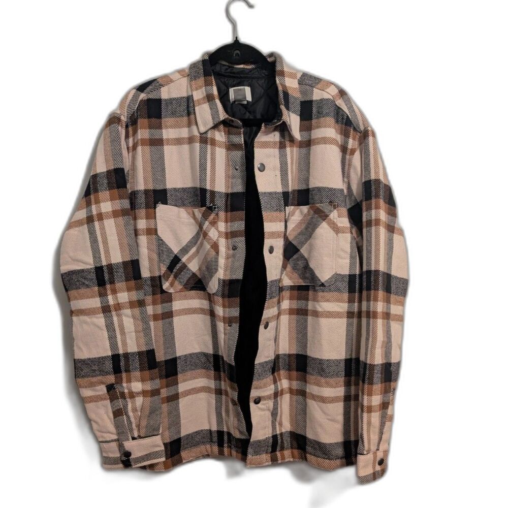 H & M Men's Quilted Lined Plaid Shirt Jacket Cream Brown Black Size L